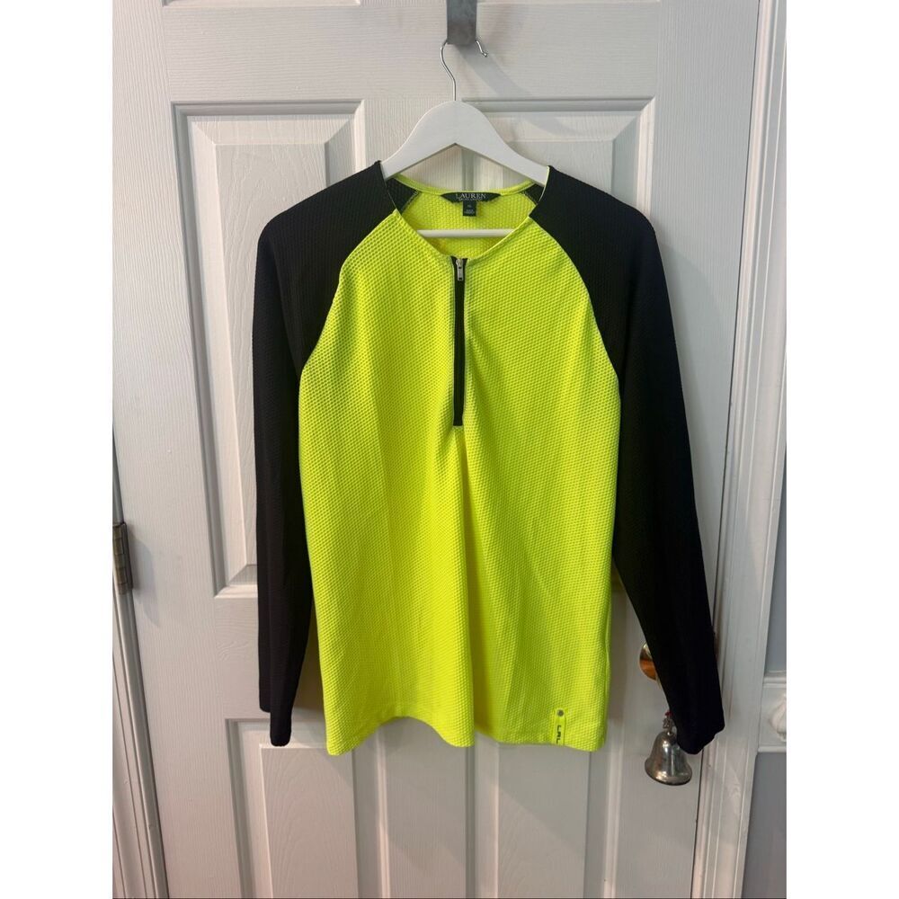 Lauren Ralph Lauren Neon Yellow & Black Waffle Knit Quarter Zip Athletic Shirt s